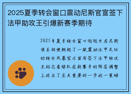 2025夏季转会窗口震动尼斯官宣签下法甲助攻王引爆新赛季期待