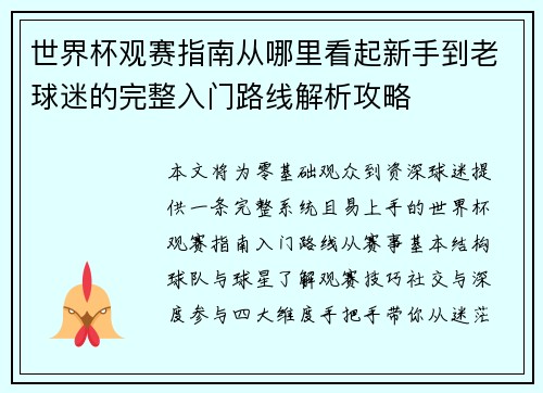 世界杯观赛指南从哪里看起新手到老球迷的完整入门路线解析攻略 世界杯观赛指南从哪里看起新手到老球迷的完整入门路线解析攻略